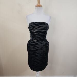 Cö Women's Black Velvet Metallic Strapless Zebra Print Dress Anthropologie 6